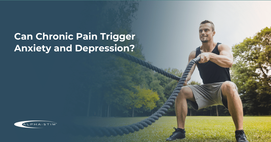 Man exercising outdoors with battle ropes; text asks if chronic pain can trigger anxiety and depression, highlighting the importance of alpha brain waves in managing stress and supporting mental well-being.