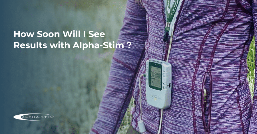 Person in a purple jacket wearing an Alpha-Stim device with text: How Soon Will I See Results with Alpha-Stim? Promoting brain health and stimulating alpha waves for improved well-being.