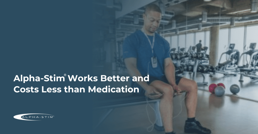 Man using Alpha-Stim device on his legs in a gym; text promotes Alpha-Stim for supporting healthy brain waves over medication.