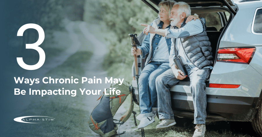 An older couple sits on an SUV trunk with hiking gear. Text: 3 Ways the impact of chronic pain may be changing your life.