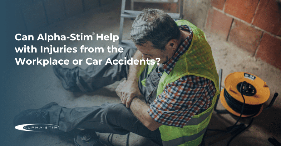 Man in a safety vest holding his injured arm, sitting on the floor, with text about Alpha-Stim and how it can help with workplace injuries.