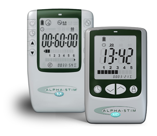 Two Alpha-Stim devices with digital screens displaying settings and time, used for electronic therapy in Hospital at Home programs.