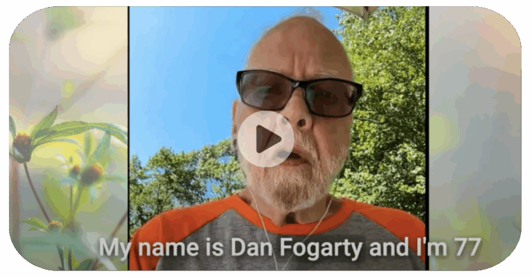 Older man with glasses speaks outside; subtitles read, "My name is Dan Fogarty and I'm 77." Dan proudly shares his story as one of many Veterans benefiting from Alpha-Stim therapy.