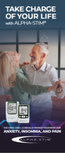 Smiling couple dancing in a living room, with Alpha-Stim devices and wellness text about anxiety, insomnia, and pain.
